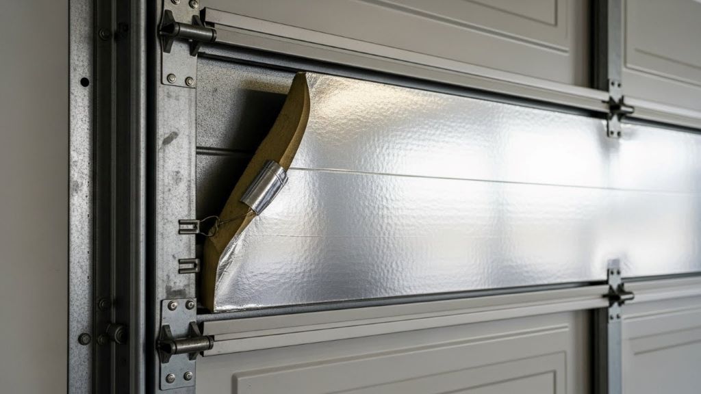Close-up of removable insulation panel with reflective surface attached to metal garage door section