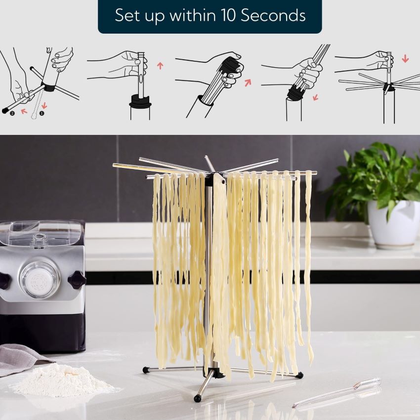 Foldable KitchenDAO pasta rack set up in a kitchen.