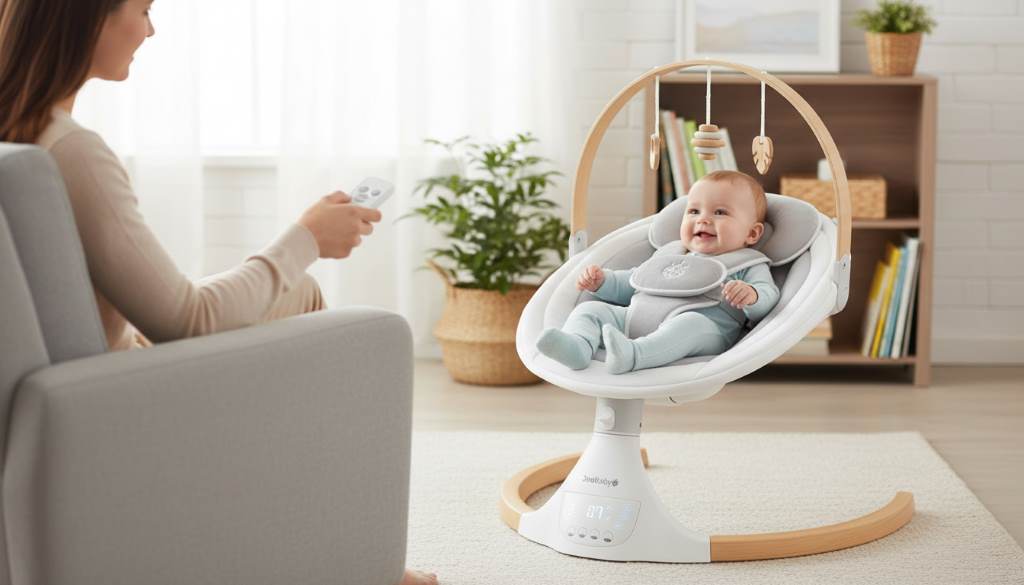 Parent using remote control on Jool Baby Nova Nature swing while baby enjoys gentle side-to-side motion