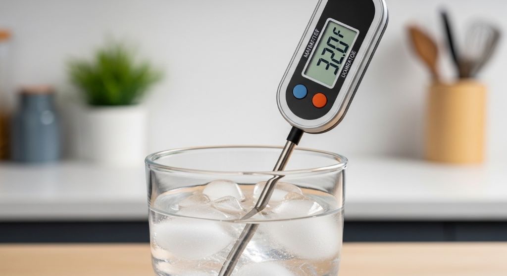 Digital meat thermometer probe inserted into ice water mixture showing 32-degree Fahrenheit reading for calibration verification