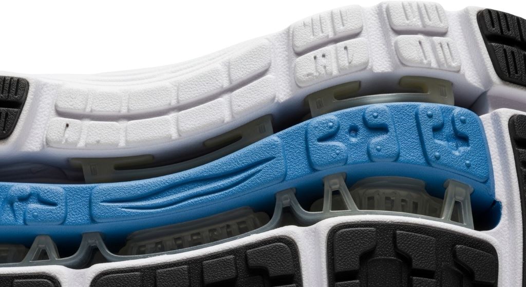 Close-up of maximum cushioning running shoe sole showing multiple foam layers and soft sole technology for impact protection