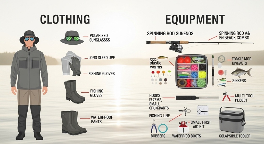 Waterproof fishing boots and waders placed beside fishing gear on riverbank