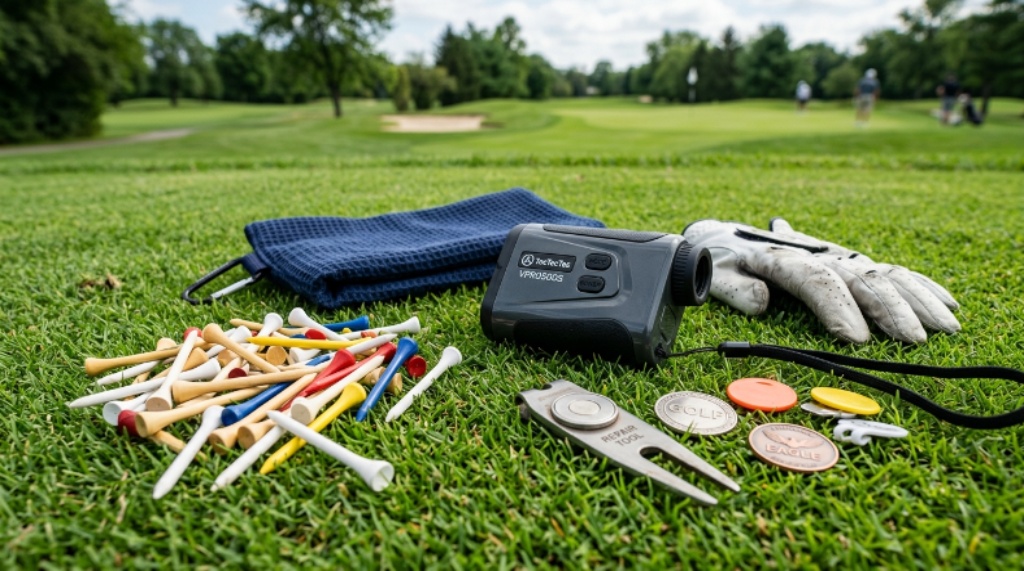 Collection of affordable golf accessories including tees, a divot tool, ball markers, and a rangefinder laid out on grass