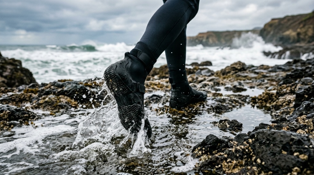 A surfer walking over sharp rocks into the ocean wearing protective black neoprene surf booties.