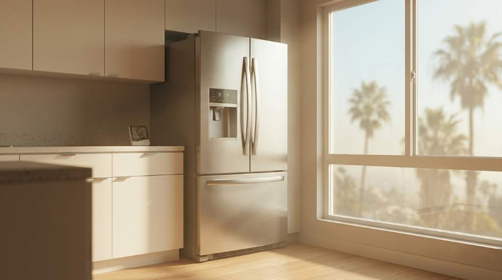 Homeowner checking refrigerator door seal for air leaks