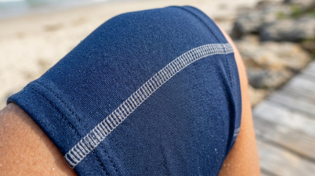 Close-up of flat seams on a quick-dry surf swimsuit designed to prevent skin chafing