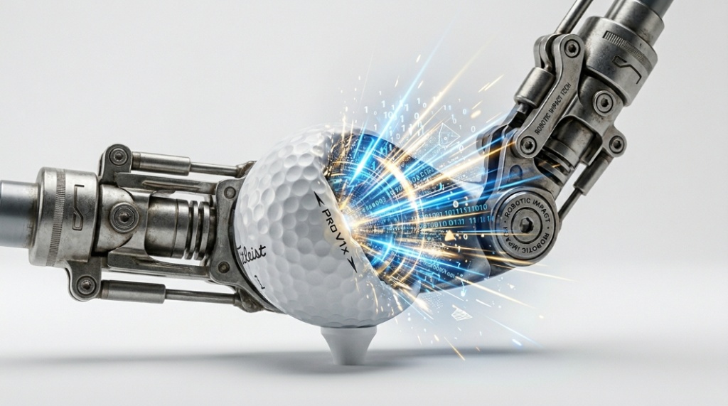 Close-up of a robotic golf club striking a ball, highlighting the impact and compression for performance testing.