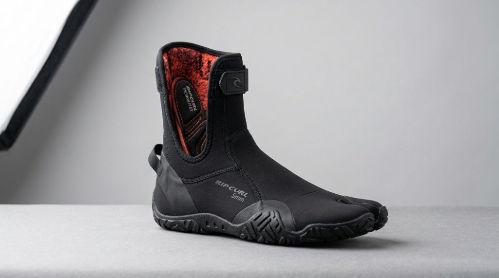 Close-up of a split-toe surf bootie showing the internal thermal lining and ergonomic design.