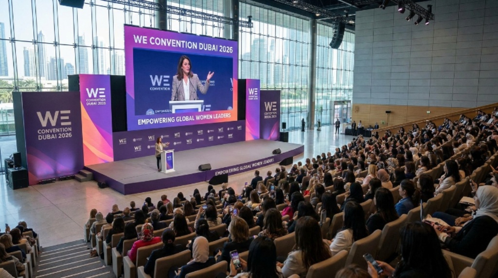 WE Convention Dubai 2026 main stage with keynote speaker addressing global women leaders audience