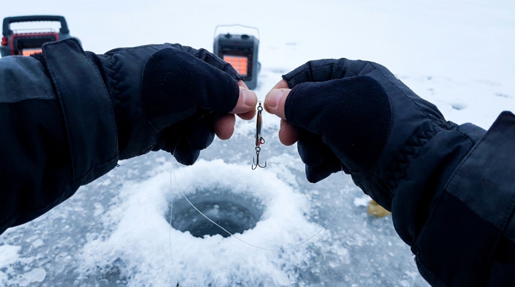 Hands in insulated fishing gloves tying a lure over an ice hole.