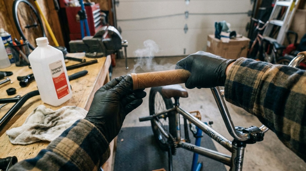 Mechanic sliding a new ribbed rubber grip onto a BMX bike handlebar.