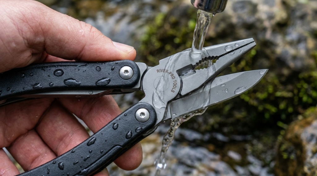 Hand gripping rust resistant fishing multi tool under splashing water.