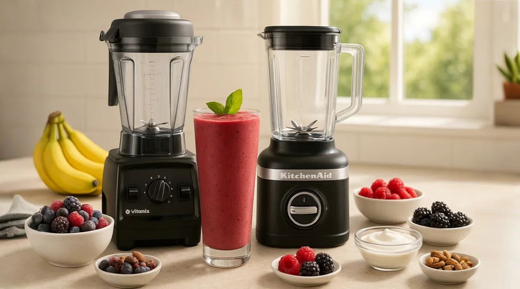 Modern countertop smoothie blender with fresh fruits, vegetables, and ice, showcasing powerful performance for home use in Pennsylvania