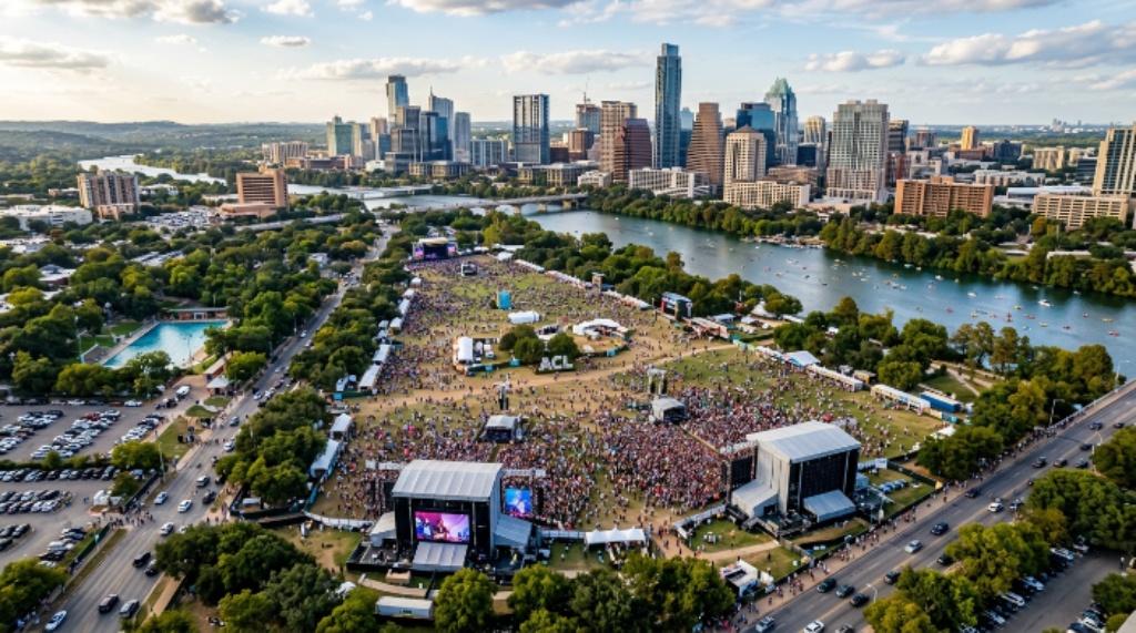 Aerial view of Zilker Park Austin during ACL Festival October 2026