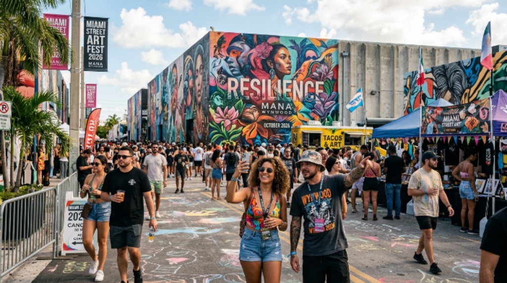 Street art murals and festival attendees at Mana Wynwood Miami October 2026