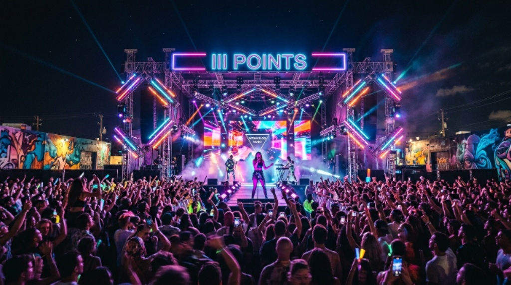 Neon-lit stage at III Points music festival Wynwood Arts District Miami