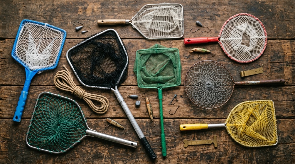 Several different sizes of fish nets laid out neatly on a wooden tabletop.