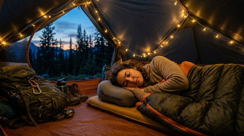 Compact inflatable camping pillow packed neatly next to a hiking backpack.