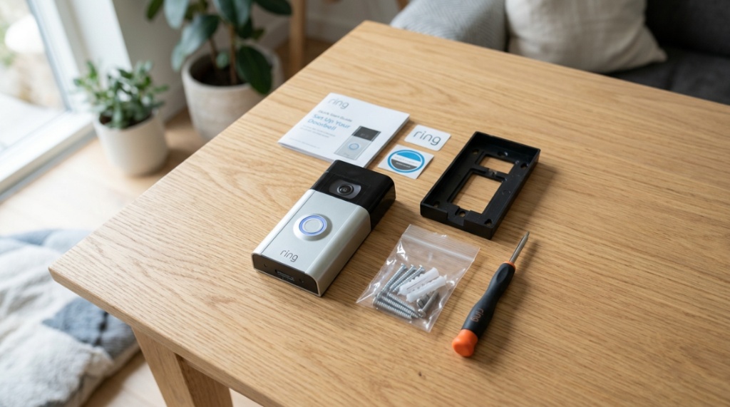 Unboxed Ring doorbell device and mounting tools laid out on a wooden table.