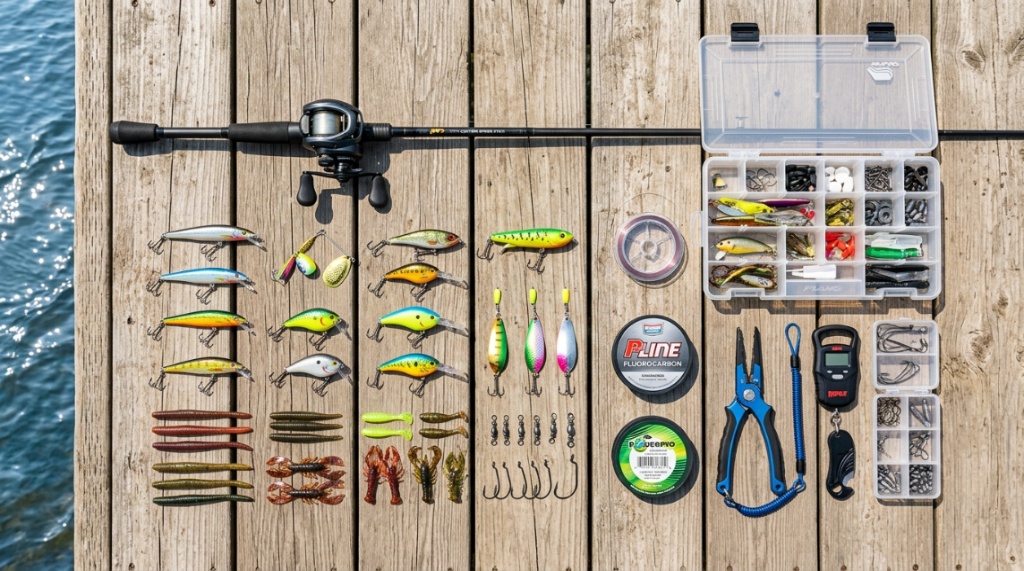 Open tackle box showing organized fishing lures and essential tackle accessories.