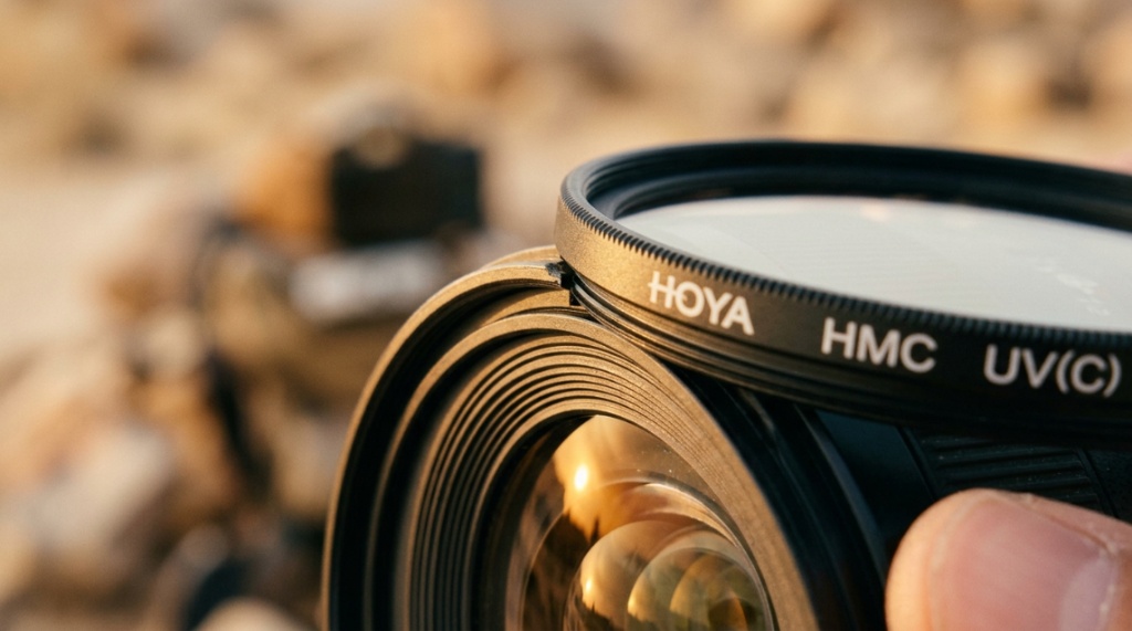 Close-up of a camera lens element protected by a screw-on glass filter.
