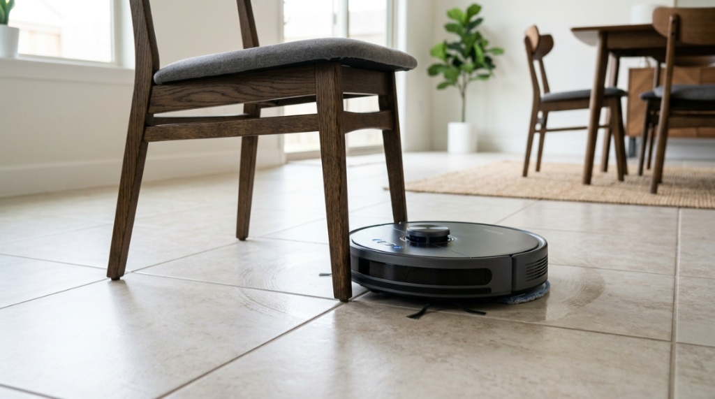 A smart robot mop combo navigating around a dining chair leg on light tile flooring, sharp focus, clean home interior --ar 4:3