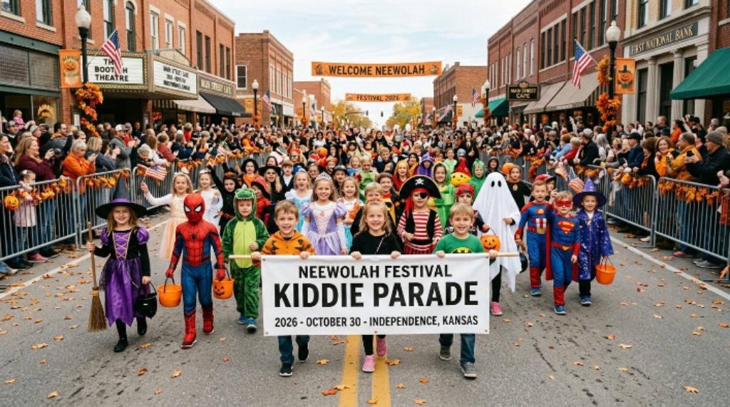 Children in Halloween costumes marching in the Kiddie Parade at Neewollah Festival 2026 in Independence Kansas on October 30