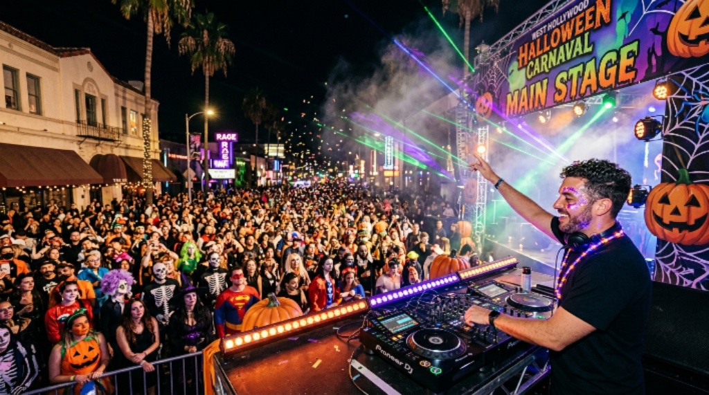 Main stage and DJ performance at West Hollywood Halloween Carnaval street festival