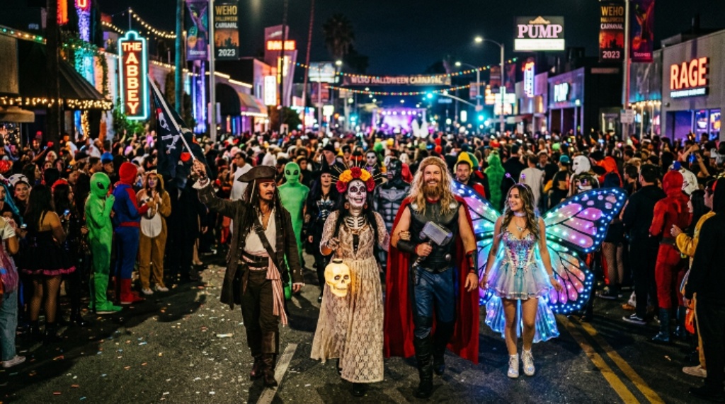 Costumed attendees walking Santa Monica Boulevard during Halloween Carnaval night