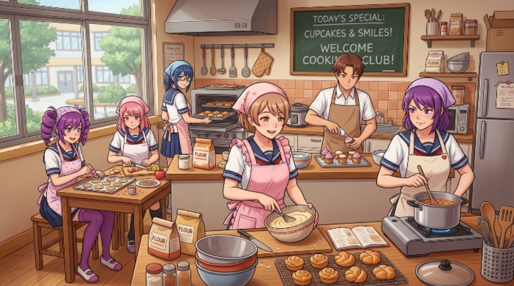 Yandere Simulator Cooking Club members gathered in the clubroom