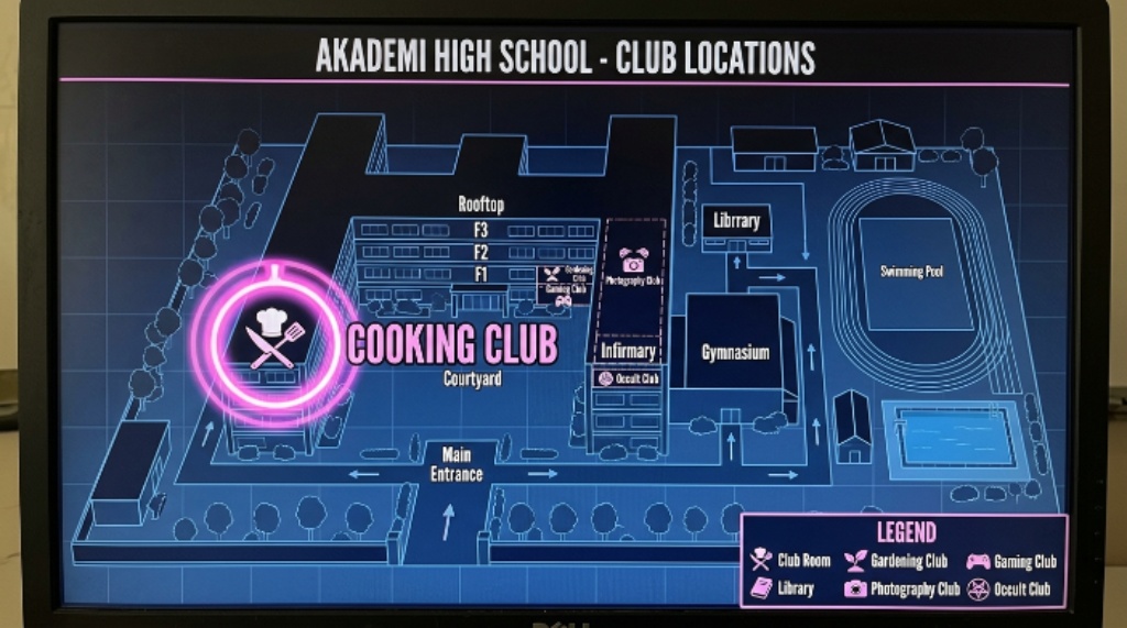 School map highlighting the Cooking Club location in Yandere Simulator