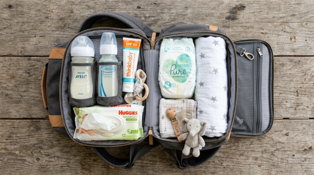 Water-resistant diaper bag backpack resting beside a sunny pool deck.