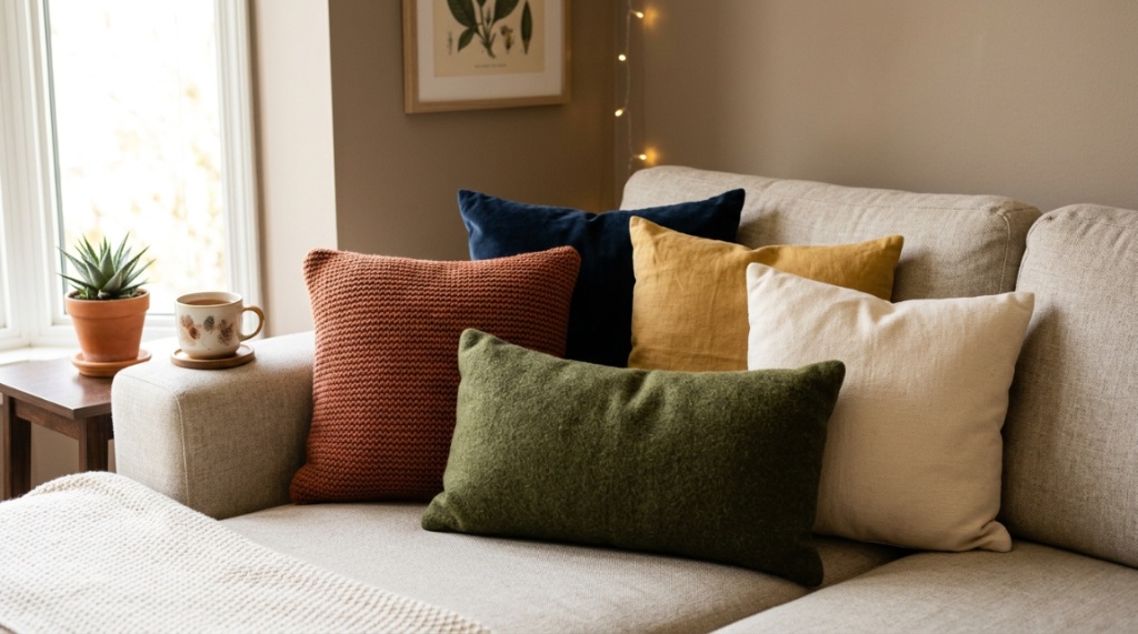 Close-up of mixed textures and sizes on a budget-styled sofa.