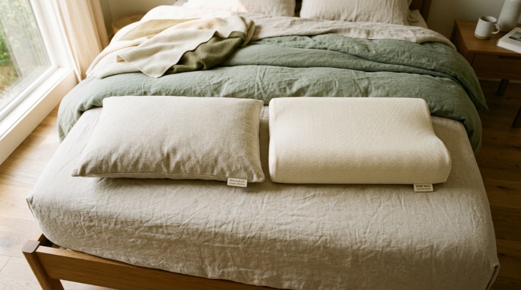 Person pressing hands into an open buckwheat hull pillow.