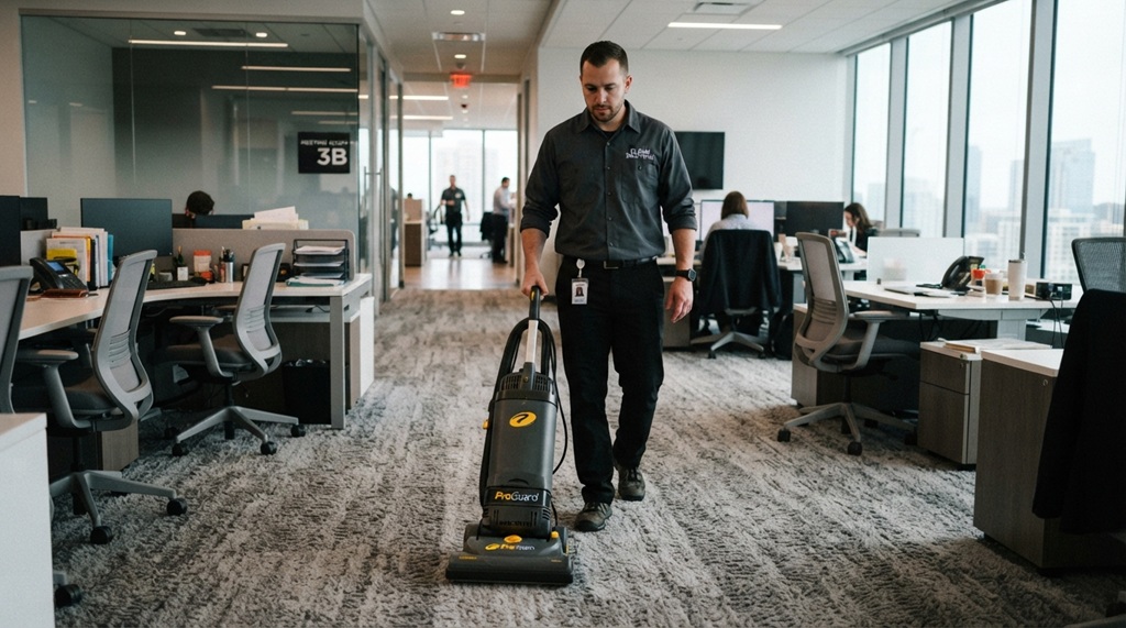 A professional cleaner operating an industrial upright vacuum on commercial carpeting.