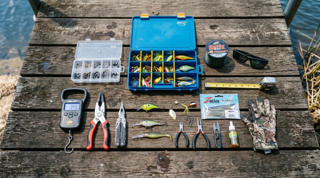 Flat lay of fishing gear and digital scale on a wooden dock.