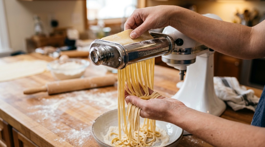 Hands feeding fresh dough into a pasta cutter attachment