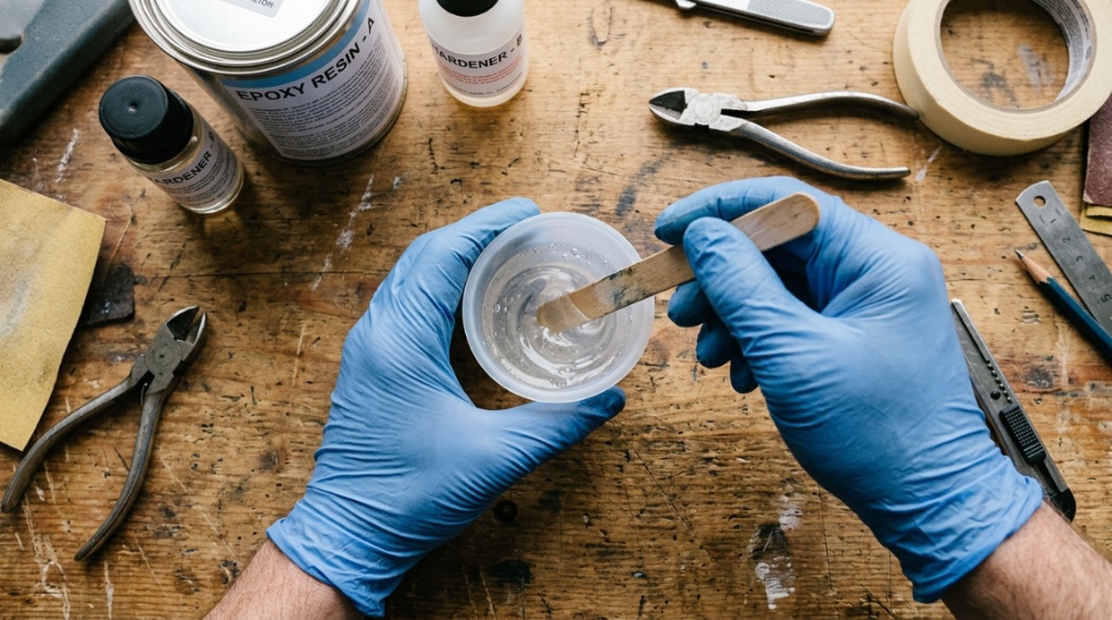 Hands mixing clear epoxy resin and hardener in cup