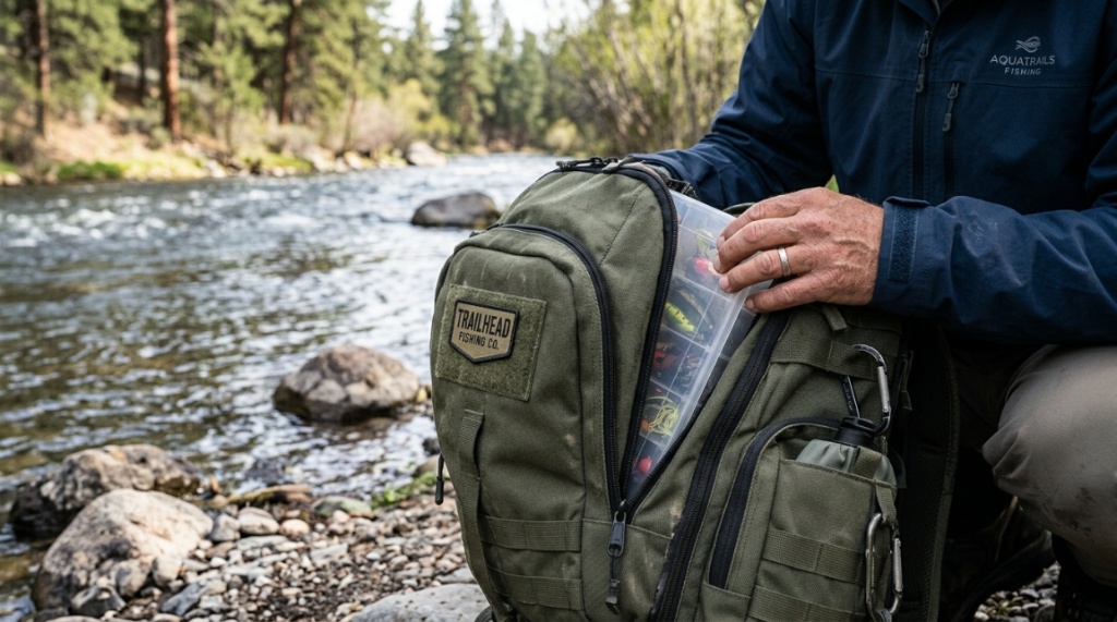 An angler sliding a clear tackle box into a fishing backpack.