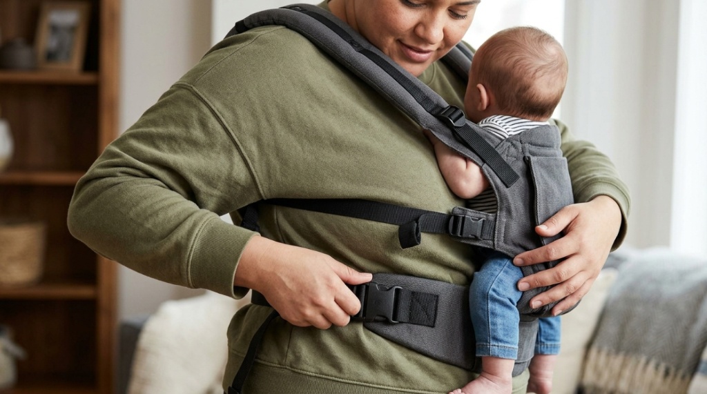 : Parent adjusting the wide padded straps of a supportive baby carrier.