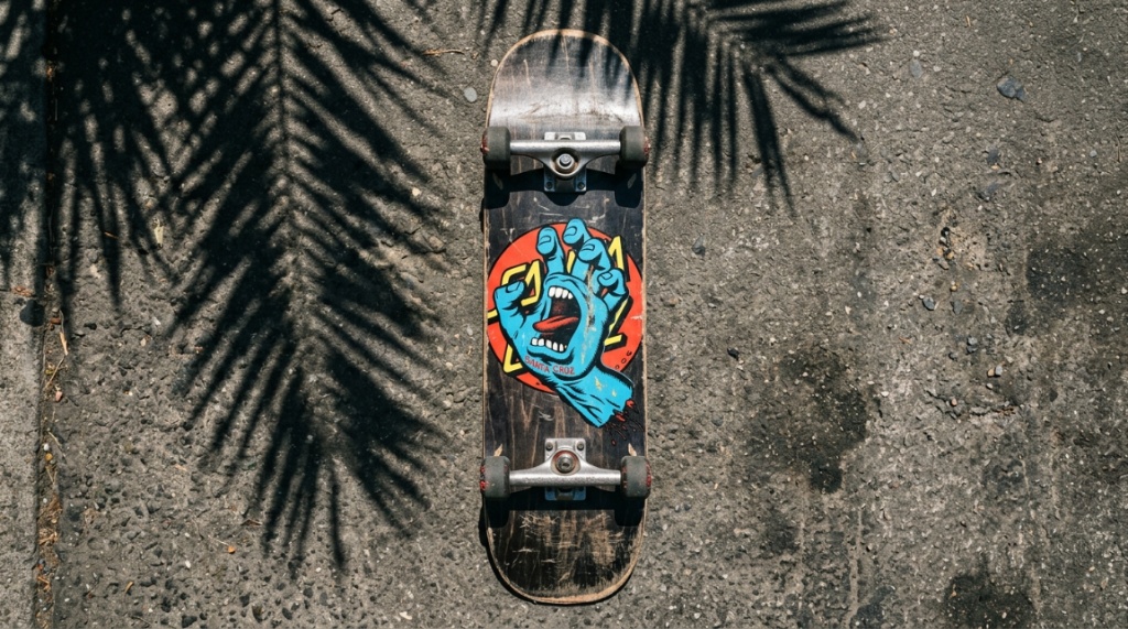 Classic Santa Cruz skateboard deck resting on rough urban asphalt.