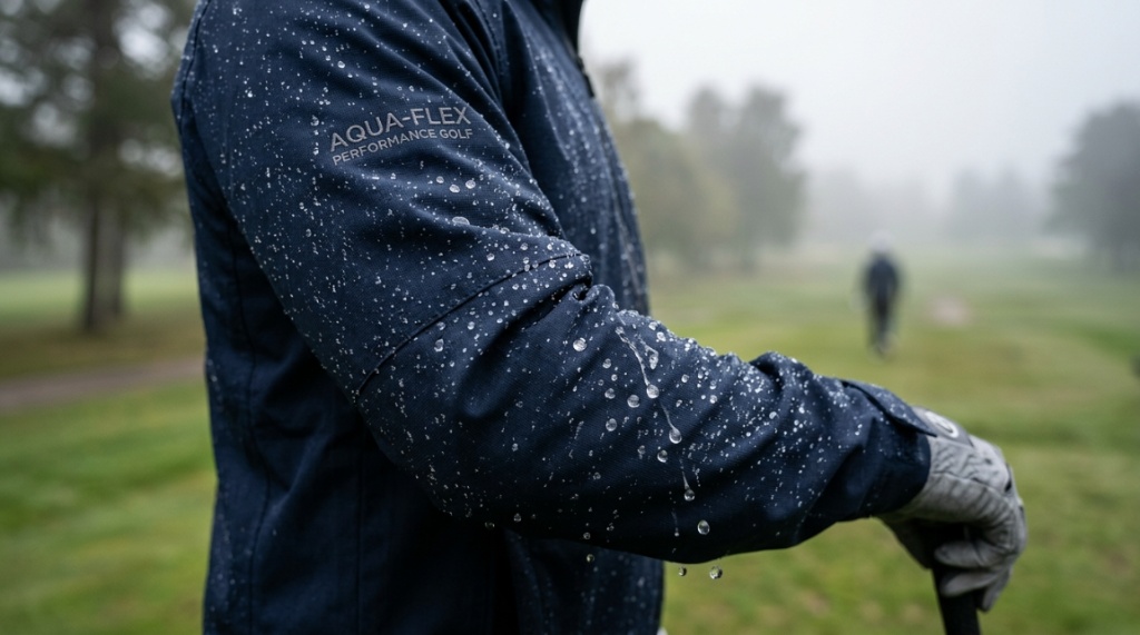 Water droplets beading off the sleeve of a waterproof golf jacket.