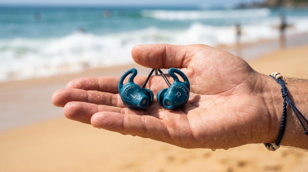 Close-up of specialized waterproof surf ear plugs.