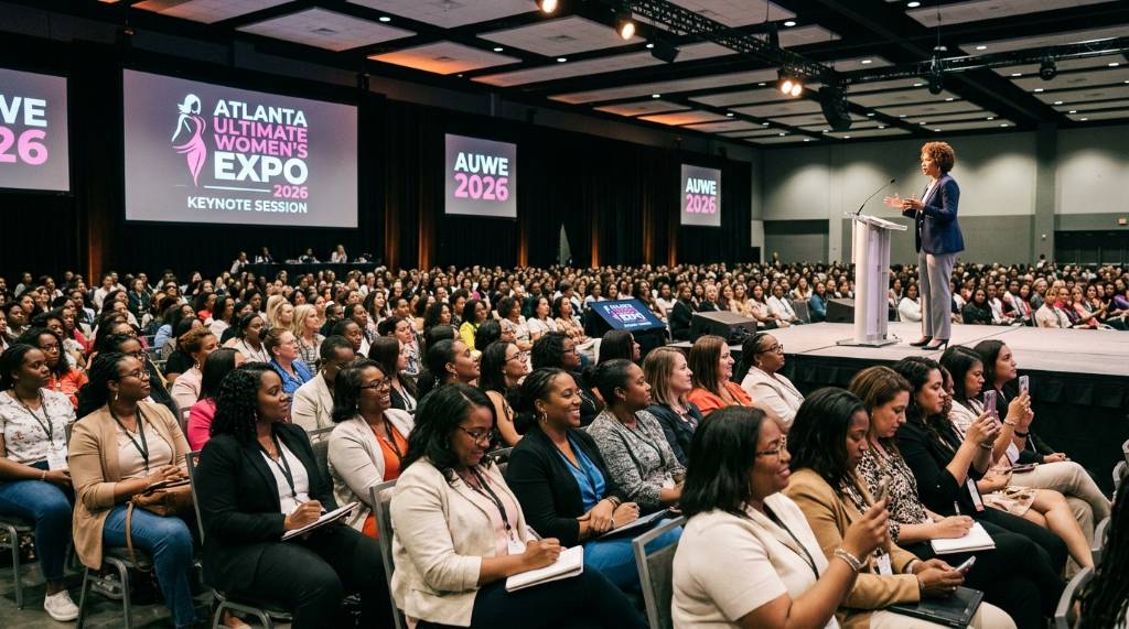 Women attending a keynote speaker session at the Atlanta Ultimate Women's Expo 2026 with a stage and large audience visible