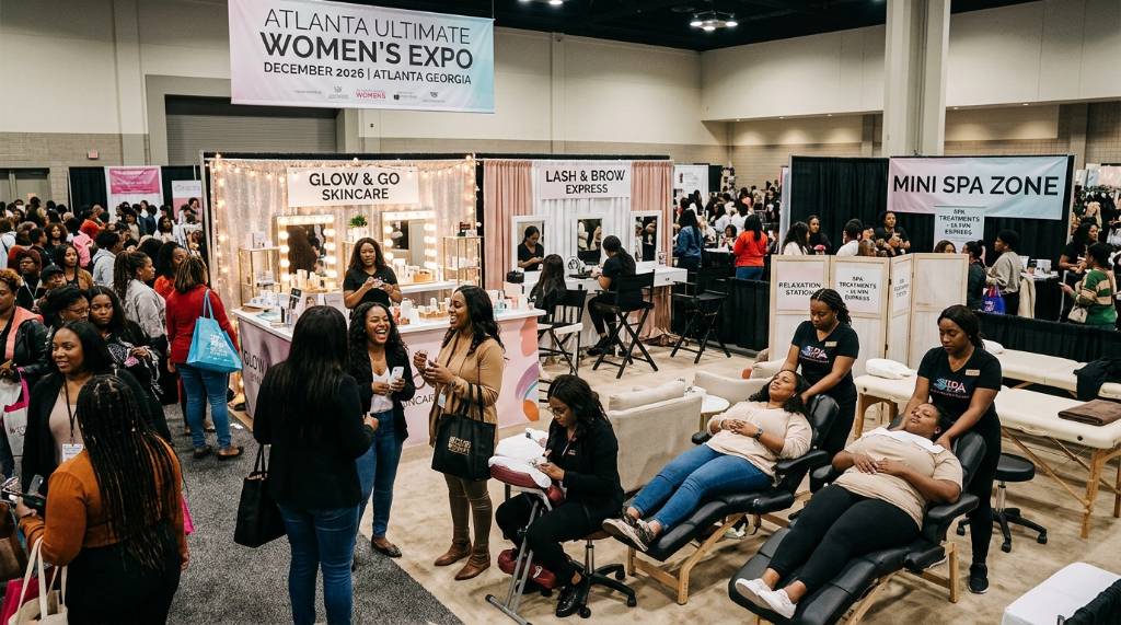 Beauty pop-up vendor booths and spa treatment stations at the Atlanta Ultimate Women's Expo December 2026 in Atlanta Georgia