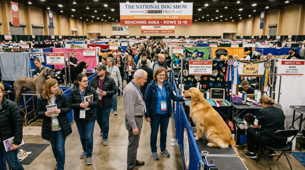 Spectators viewing benched dogs at the National Dog Show 2026 in Montgomery County, Pennsylvania