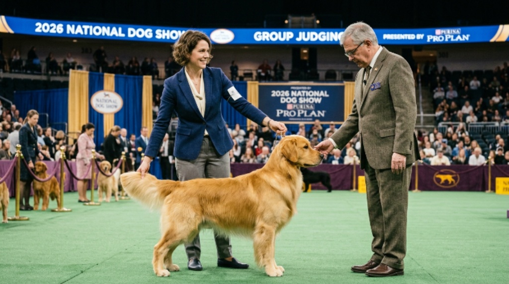 A dog handler presenting a purebred dog to a judge during group judging at the 2026 National Dog Show