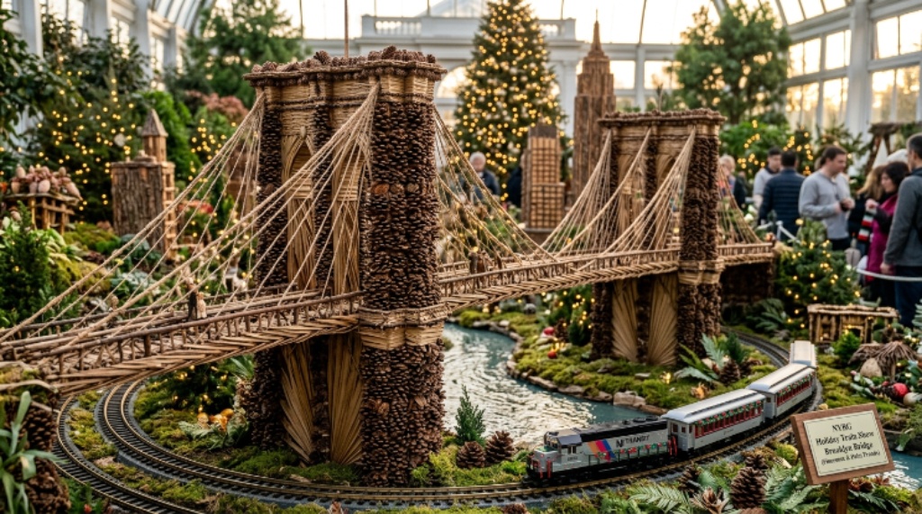 Miniature Brooklyn Bridge replica crafted from pinecones and palm fronds at the New York Botanical Garden Holiday Train Show
