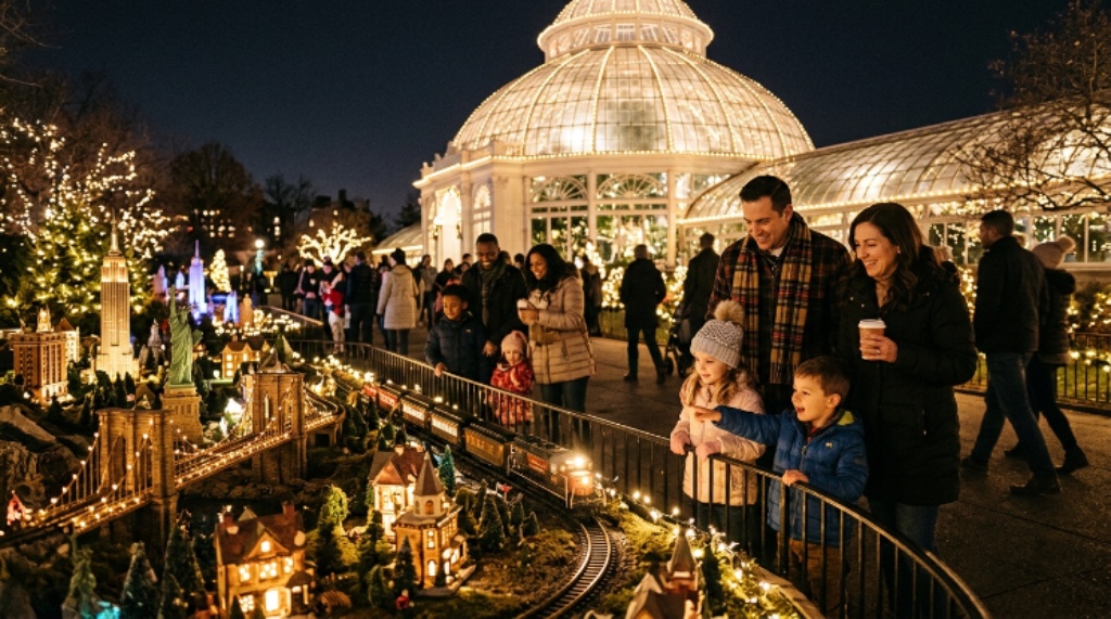 Families enjoying the NYBG Holiday Train Show at night with glowing conservatory lights and model trains on display