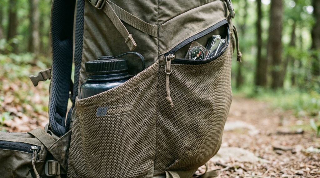 Close-up of the mesh side pocket and zipper on an adidas sackpack.